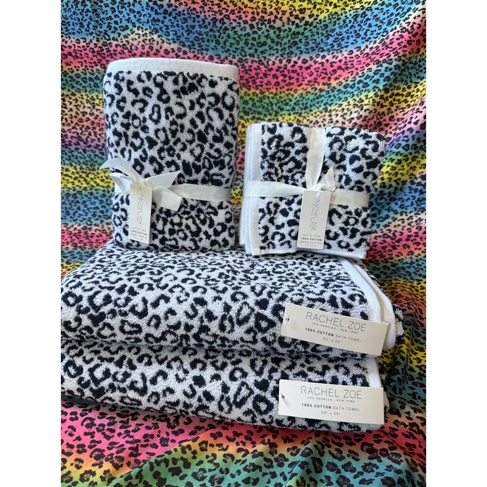 Rachel Zoe reversable Leopard Print Bath Towel Set NWT 100% Cotton Black White